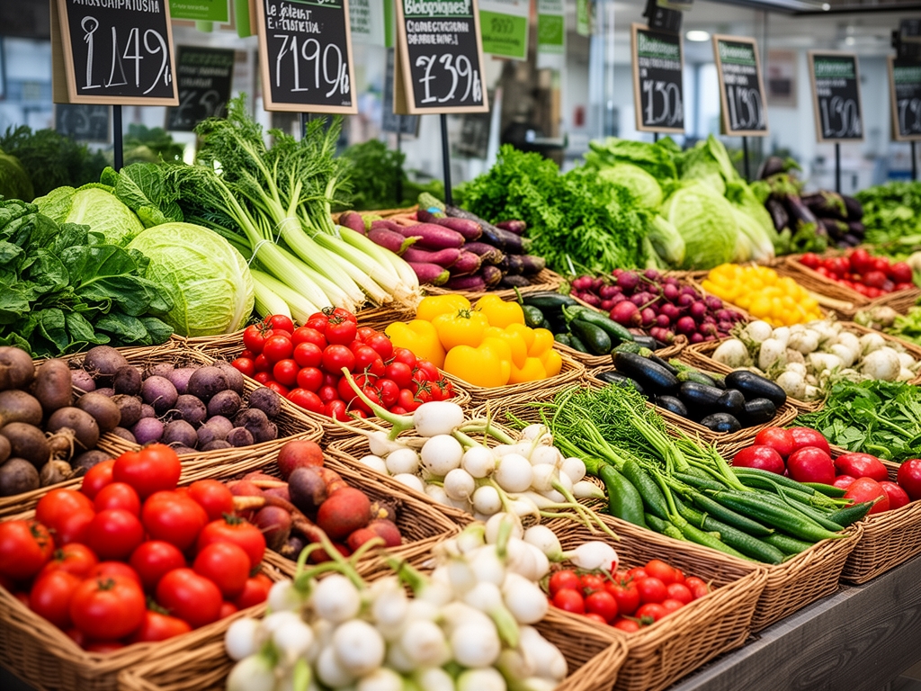 Étal de marché coloré avec des légumes biologiques frais, paniers d'herbes aromatiques, fruits de saison et pots d'épices dans un marché provençal traditionnel