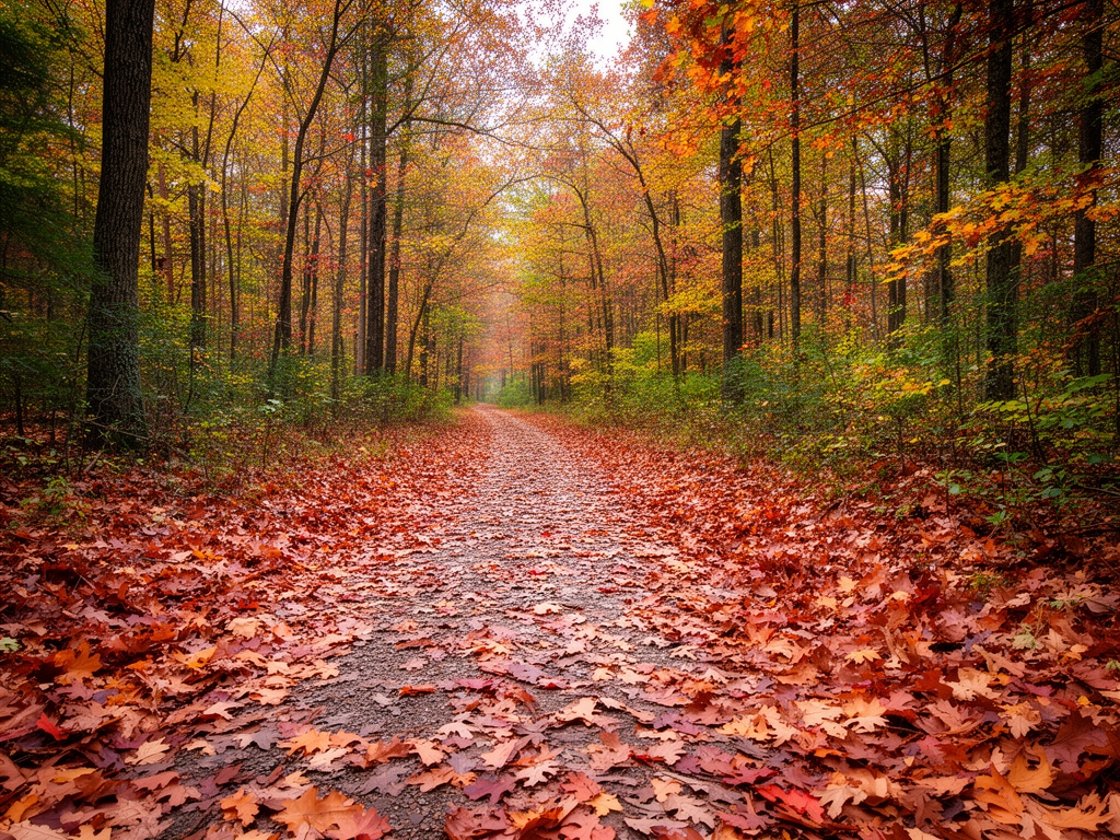 Chemin forestier en automne avec des feuilles de chêne et d'érable aux teintes dorées et rouge bordeaux tapissant le sol, lumière tamisée perçant les branches