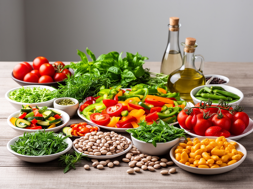 Table garnissant un repas équilibré méditerranéen avec légumes colorés, légumineuses, herbes fraîches et huile d'olive sur une nappe en lin naturel