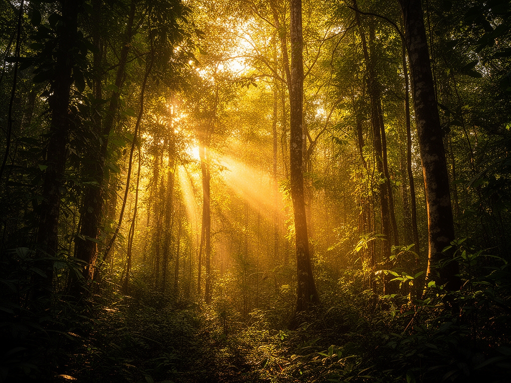 Forêt dense baignée de lumière matinale dorée filtrant à travers les feuilles, évoquant l'énergie naturelle et la vitalité organique de la nature