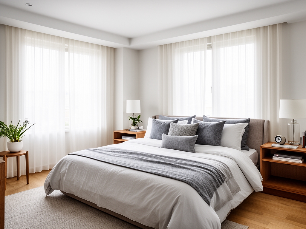 Chambre baignée d'une lumière douce crépusculaire avec une fenêtre donnant sur un ciel étoilé, représentant un environnement propice à un sommeil réparateur